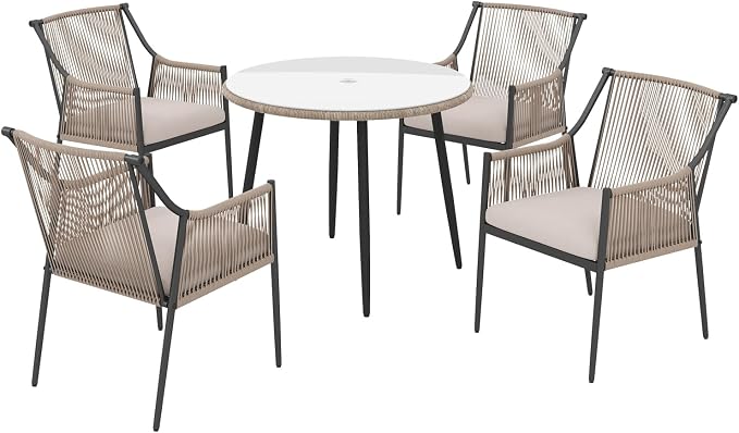 Patiorama 5-Piece Patio Dining Set, Outdoor Dining Table Chair Set, All-Weather Embossed Rattan Wicker Rope Conversation Set w/Umbrella Hole, Patio Furniture Set, 4 Cushioned Chairs&Glass Table(Beige)