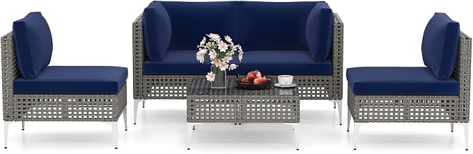 Tangkula 5 Piece Outdoor Furniture Set, Patio Wicker Heavy Duty Sectional Cushioned Sofa Set with Tempered Glass Coffee Table for Backyard, Poolside, Porch, Lawn