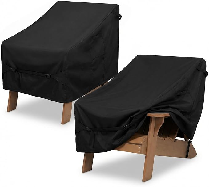 Dntorx 2 Pack Waterproof Patio Chair Covers, 32W x 35D x 36H Inches Durable Patio Furniture Covers with 1 Handbag for Lounge Deep Seat, Adjustable Waist Belt & Windproof & Breathable(Black)