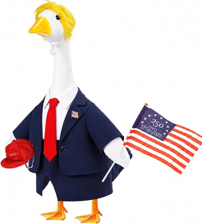 Porch Goose Outfit with Wig Hat for 23 Inch Goose Statue,Outdoor Yard Decor | USA Flag 250th Anniversary Design, Patriotic Porch Goose Clothes with Hat Wig Pin, Outdoor Yard Lawn Patio Holiday Decor