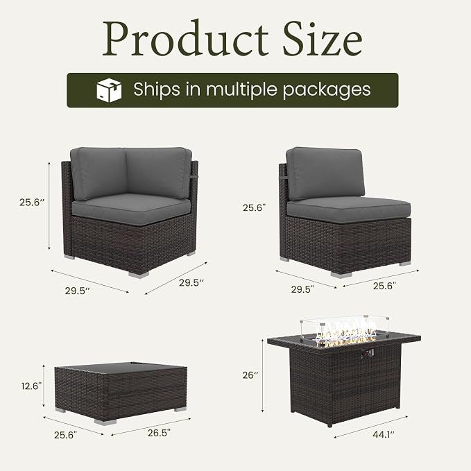 LayinSun 8 Piece Patio Furniture Set with 44" Propane Gas Fire Pit Table, Outdoor Sectional Conversation Set Wicker Rattan Sofa Set with Coffee Table
