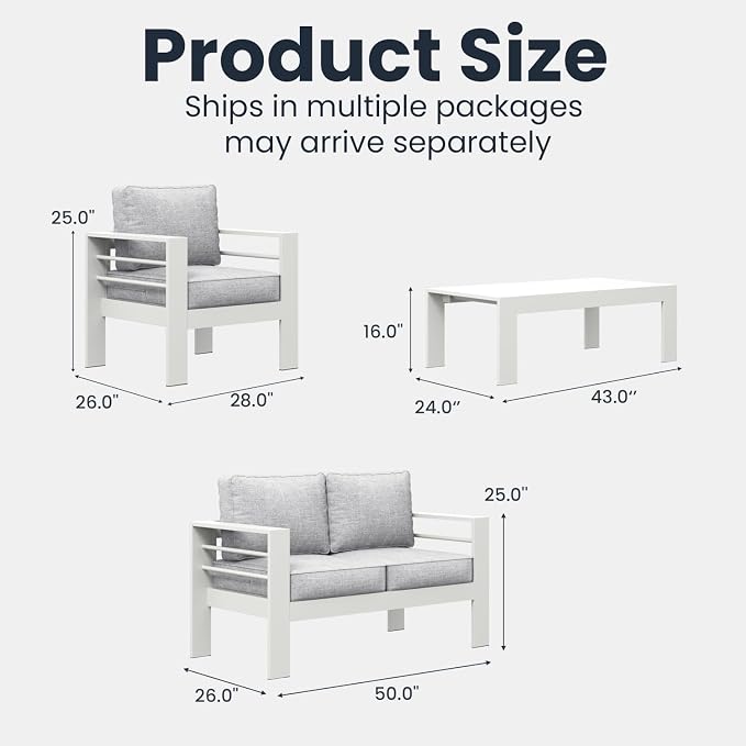 4 Pieces Modern Aluminum Patio Furniture Set, Outdoor Conversation Sets Metal Sectional Sofa with Coffee Table