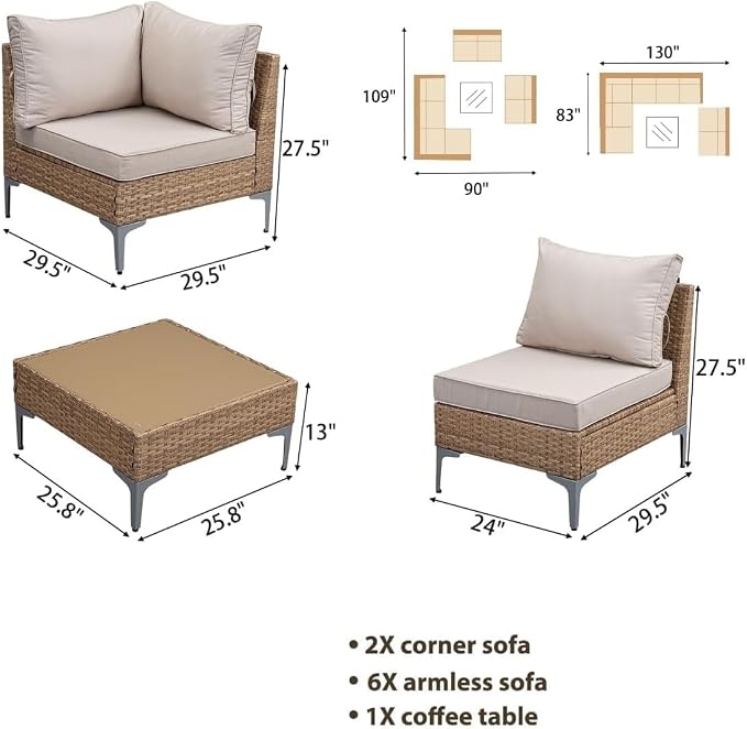 Beige All-Weather Wicker Sectional Sofa 9 Piece Outdoor Patio Furniture Set with Coffee Table Thick Anti-Slip Cushions for Backyard Lounge Garden