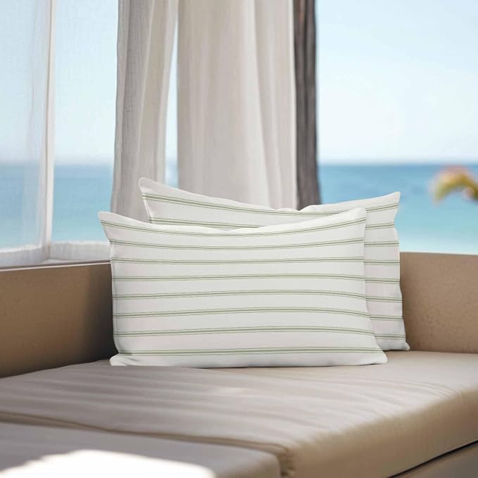 Vandarllin Outdoor Throw Pillows Covers 20x12 inch Set of 2 Waterproof Sage Green Stripes Decorative Zippered Cushion Covers for Patio Furniture, Abstract Lines Striped Lumbar Pillowcases