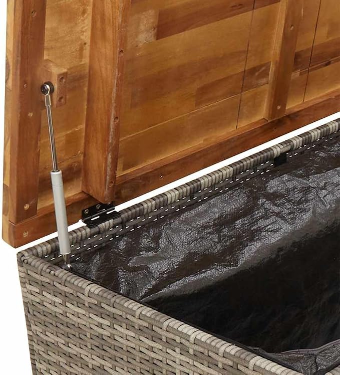 Outdoor Storage Bench with Acacia Wood Top 43.3 Inch Waterproof Garden Box for Patio Furniture Cushions, PE Rattan Weather-Resistant Deck Box with Gas Spring Lid, Gray Brown