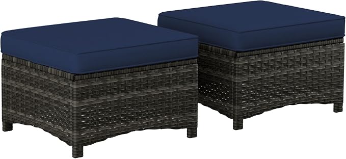 Outdoor Wicker Ottoman Set of 2, Patio Swivel Rattan Ottoman with Thick Cushions, Ideal for Backyard, Garden, Poolside, Blue