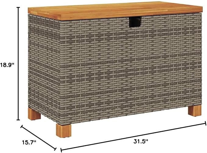 Grey and Brown PE Rattan Outdoor Cushion Storage Box 31.5x15.7x18.9 in, Weather Resistant Rectangular Garden Container for Patio Furniture Protection and Organizing Pillows