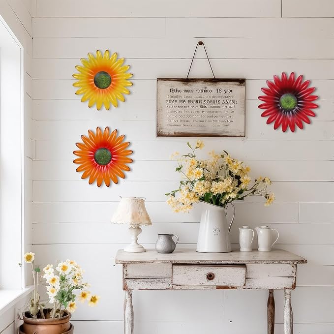 hogardeck Metal Flower Wall Decor for Indoor Outdoor, Kitchen Decor Floral Metal Wall Art, Wall Decor for Bathroom, Living Room, Porch, Garden, Yard, Backyard (3 Pcs 9'' )