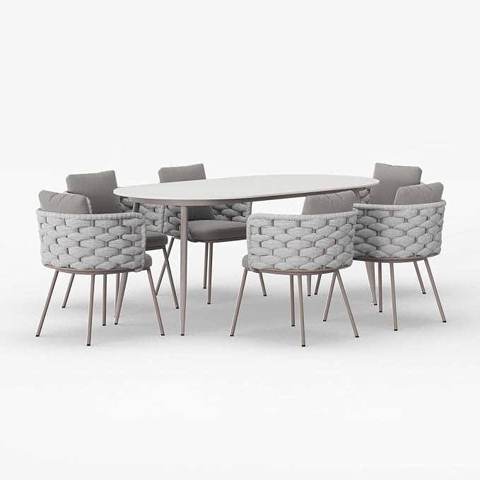 LOVEDIMA 70.9'' Patio Table and Chairs Set,7 Pieces Patio Furniture Set Outdoor Sintered Stone Top Dining Table Set with Rope Woven Armchairs for 6,Gray & White