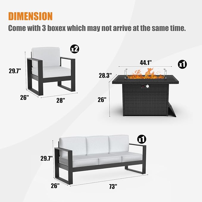4 Piece Modern Aluminum Patio Furniture Set with Fire Pit Table, Outdoor Patio Sectional Conversation Metal Seating Sets with Olefin Cushion