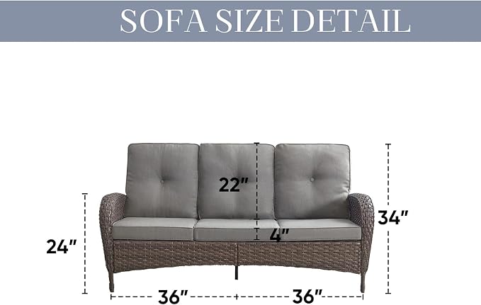 HUMMUH Outdoor Patio Couch with Thick Cushions Patio Sofa for Deck Lawn Porch Balcony Poolside-Brown/Grey