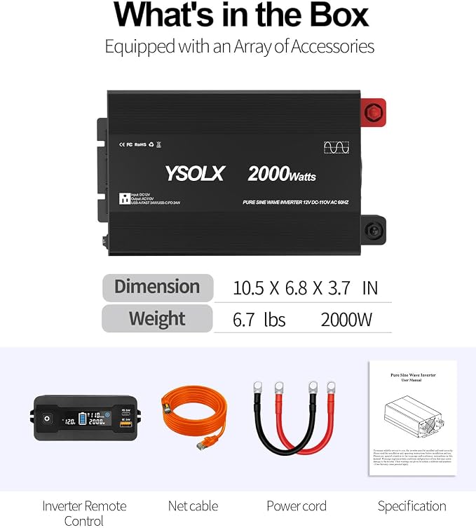 YSOLX 2000W Pure Sine Wave Power Inverter 12V to 110V/120V AC Converter for Home, RV, Truck, AC Hardwire Port, Remote Controller,Off-Grid Applications