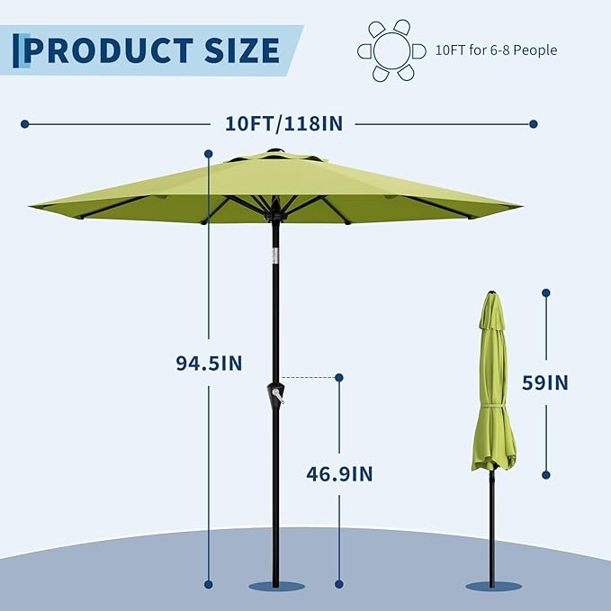 IDEALHOUSE 10FT Outdoor Patio Umbrella, UV Resistant Outdoor Table Parasol, Push Button Tilt & Crank Lift, 8 Fiberglass Ribs, Heavy Duty Canopy, Large Sunshade for Deck Yard Pool Cafe