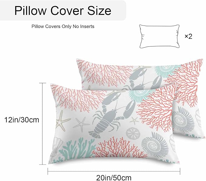 Teal Red Coastal Waterproof Outdoor Pillow Covers Set of 2 Home Decor Summer Lobster Coral Nautical Pillowcase Patio Pillow Covers for Couch Bench Patio Furniture Garden 20x12in