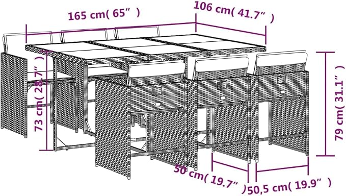 7 Piece Garden Dining Set with Cushions Grey Poly Rattan Outdoor Patio Furniture Table and 6 Chairs with Foldable Design Tempered Glass Top UV Resistant for Backyard