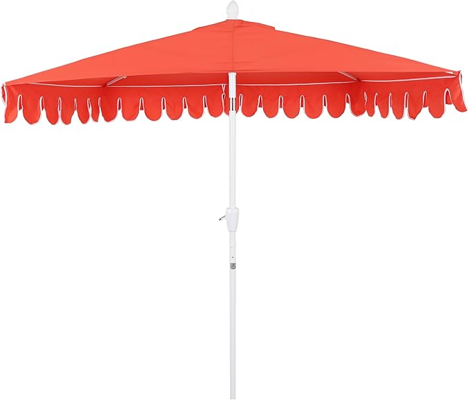 JONATHAN Y Terrace Scalloped 9 ft. Half Round Patio Umbrella with Crank Lift and Tilt, Coastal Semicircle Market Wall Umbrella for Balcony, Coral Red/White, White Pole UMB1202F