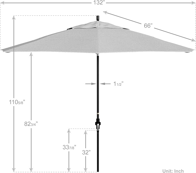 California Umbrella 11Ft Fiberglass Rib Patio Umbrella, Hand-Crank, Tilt-Collar, Black Frame, Solution Dyed White Fabric