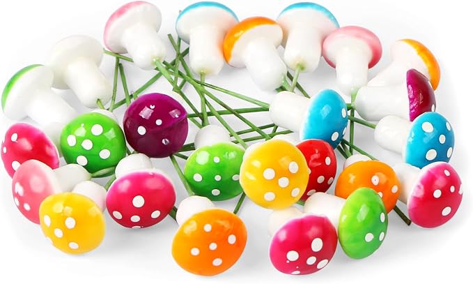 MIDELONG Mini Mushrooms Tiny Figurines Miniatures Colorful Mushrooms Garden Mushrooms Decoration for Home Micro Landscape Plant Pots Fairy Bonsai Resin DIY Craft Ornaments, Pack of 32