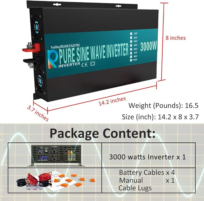 WZRELB 3000W 48V (42V-60V) 120V Pure Sine Wave Power Inverter with 2 AC Outlets,Car Inverter (RBP-300048), Black