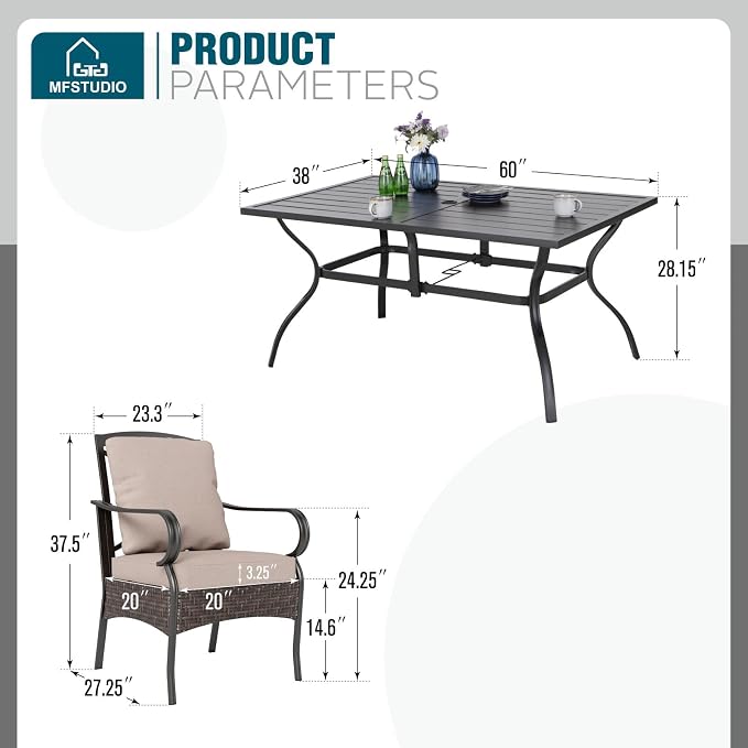 MFSTUDIO Outdoor Patio Dining Set for 6, Outdoor Table and Chairs for 6, Patio Rectangular Metal Table with Chairs, 7 Pieces Outdoor Dining Furniture Set, 1.6-2'' Umbrella Hole