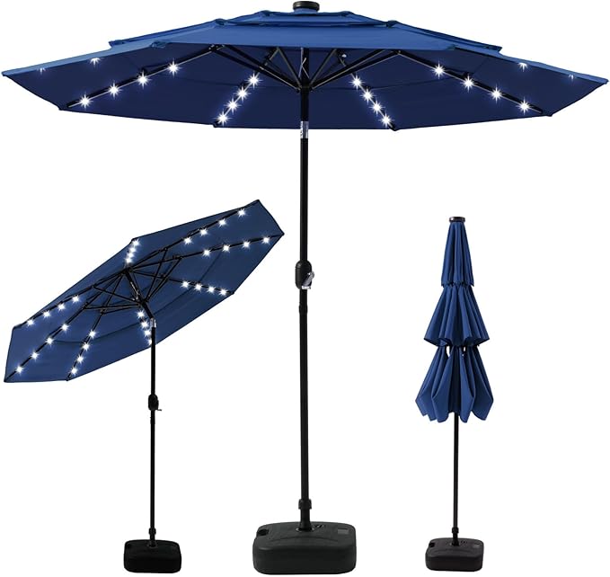 COSIEST 10FT 3 Tiers Patio Umbrella with Solar Lights, LED Outdoor Umbrellas with 8 Sturdy Ribs, Market Patio Table Umbrella with Push Button Tilt, Pool Umbrellas for Garden, Pool, Backyard