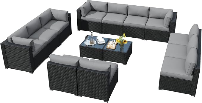 LazySunsets 14 Piece Outdoor Patio Furniture Set with Coffee Table, Outdoor Patio Furniture Set with 4'' Thicken Cushion, Wicker Rattan Outdoor Conversation Set for Backyard & Garden, Light Grey