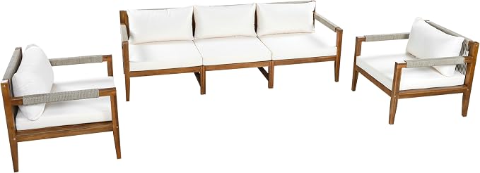 JIVOIT 3 Pieces Outdoor Rope Woven Sectional Sofa Set, Solid Acacia Wood Patio Conversation Set with Three-Seater Sofa and 2 Armchairs, Removable Cushions for Backyard, Deck and Poolside (Beige/24)