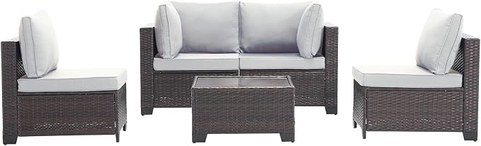 CANMOV 5 Pieces Patio Furniture Sets, All Weather Outdoor Patio Conversation Set, Wicker Sectional Rattan Sofa Couch with Glass Coffee Table and Washable Cushions for Backyard Garden, Porch,Light Grey