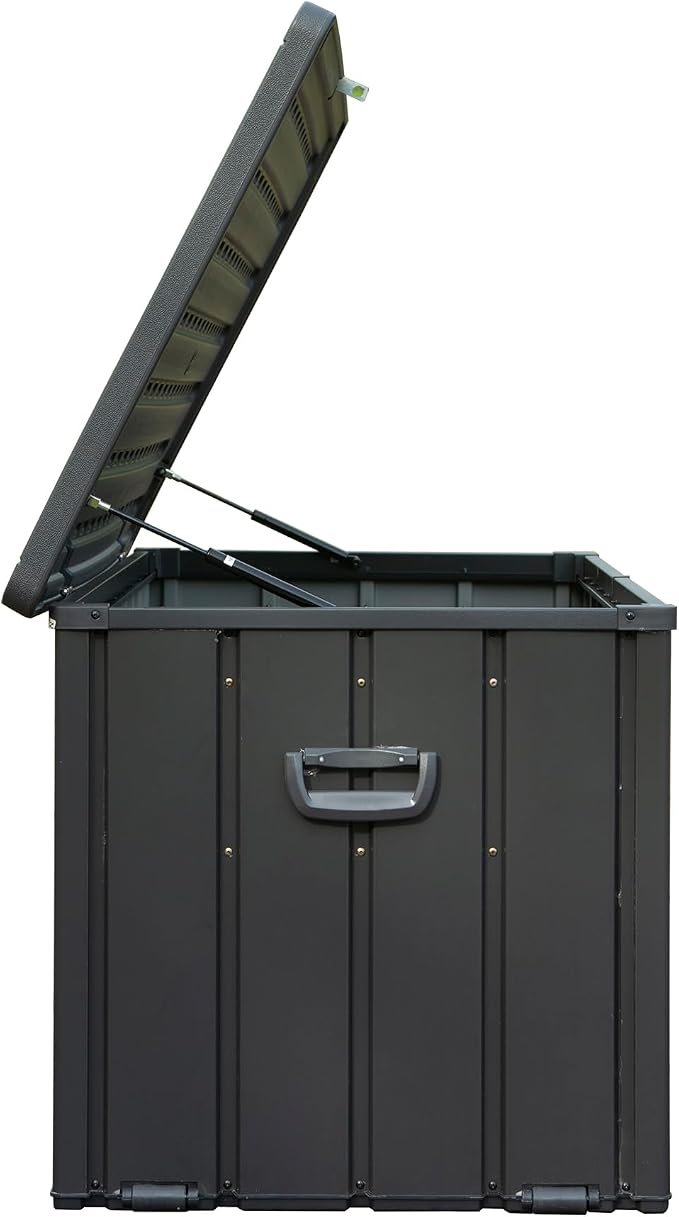 Deck Box 100 Gallon, Patio Storage Cabinet, Waterproof Outdoor Storage, Resin Lid Metal Patio Storage Bin with Lockable, Dark Gray