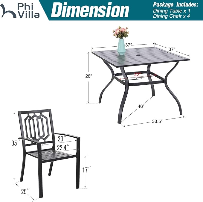 PHI VILLA Patio Dining Set, 4 Stackable Chairs w/Square Metal Table | 37" square metal table w/ 1.57" umbrella hole. Rust-resistant e-coated frame.. Easy assembly. Perfect for patio,deck