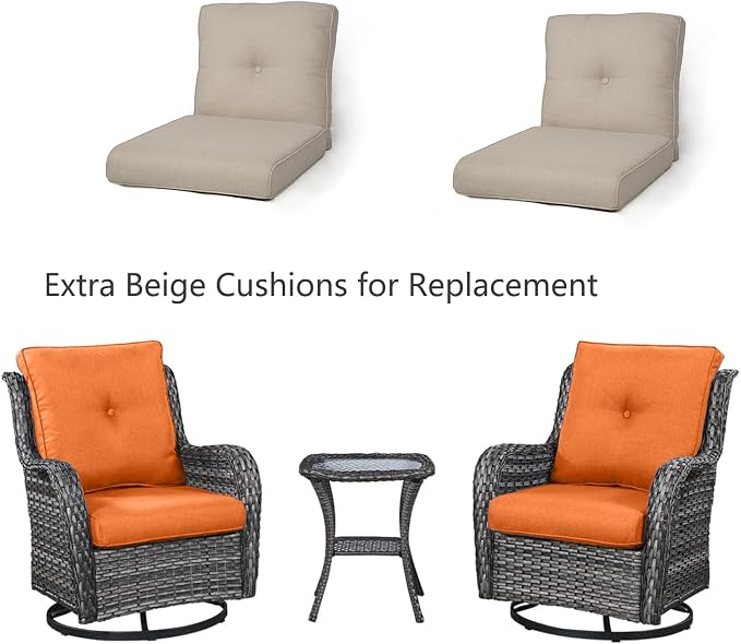 HUMMUH 3-Piece Swivel Rocking Rattan Chair Outdoor, Patio Bistro Furniture Conversation Set, Cushioned Wicker Chair with Glass Coffee Table(Grey, Orange)
