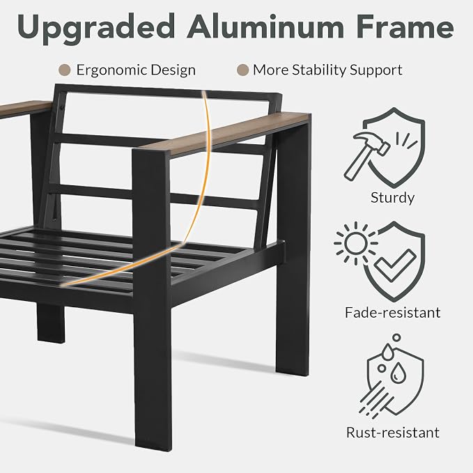 Outdoor Patio Furniture Set 2 Pieces Armchair with Washable Thick Cushions, Luxury Aluminum Patio Furniture Chair Modern Outside Sectional Set for Porch, Balcony, Deck, Yard, Gray