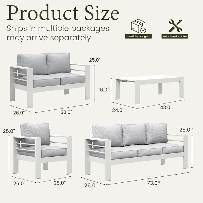 LayinSun Outdoor Aluminum Furniture Set, 5 Pieces Patio Sectional Conversation Chat Sofa Modern Seating Set with Coffee Table