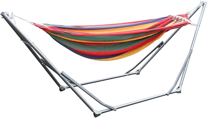 HEVIRGO Hammock with Stand,Indoor Hammock Stand with Strong Load-Bearing,Double Hammock with Space Saving Metal Stand,Portable Hammock with Dual-bar Design for Backyard,Camping,Garden Red