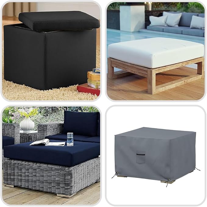 Covers & All Outdoor Ottoman Slipcover, 12 Oz PVC Polyester, Waterproof Ottoman Cover Resists Tear and UV, Square Patio Furniture Covers for Indoor/Outdoor Use (21" L x 21" W x 17" H, Gray)