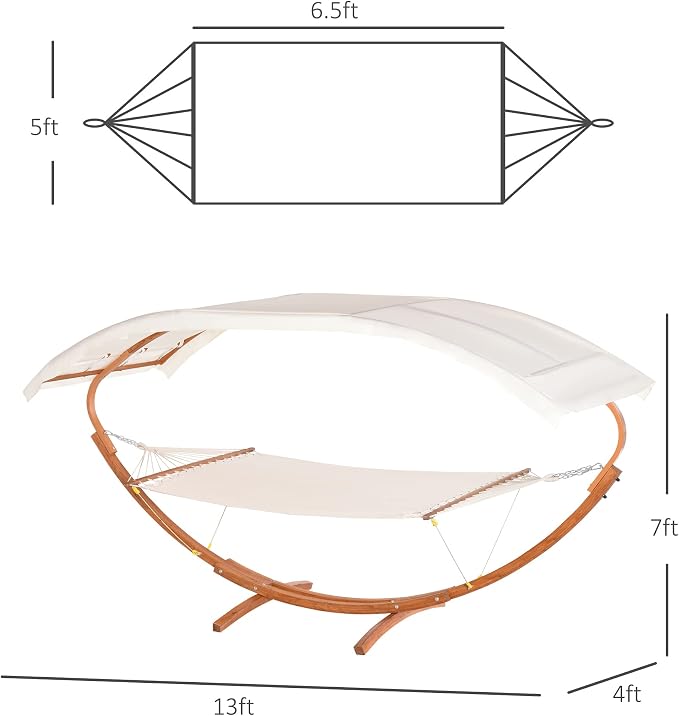 GOWE Outdoor Hammock with Stand & Accessories, Heavy Duty Wooden Frame, Extra Large Sun Shade Canopy, Indoor Outside Boho Style Nap Bed, Natural Cotton, White