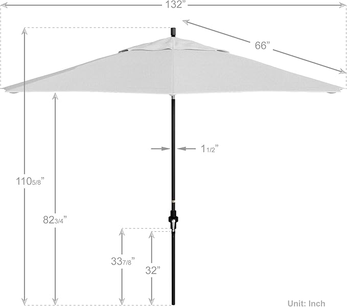 California Umbrella 11Ft Premium Sunbrella Patio Umbrella, Hand-Crank, Tilt-Collar, Black Frame, Natural Fabric