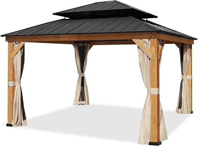 EAGLE PEAK 13x15 Hardtop Gazebo, Galvanized Steel Double Roof Gazebo with Cedar Wood Frame, Outdoor Pavilion with Netting and Curtains for Patio, Deck, Lawn and Garden, Natural Wood/Black