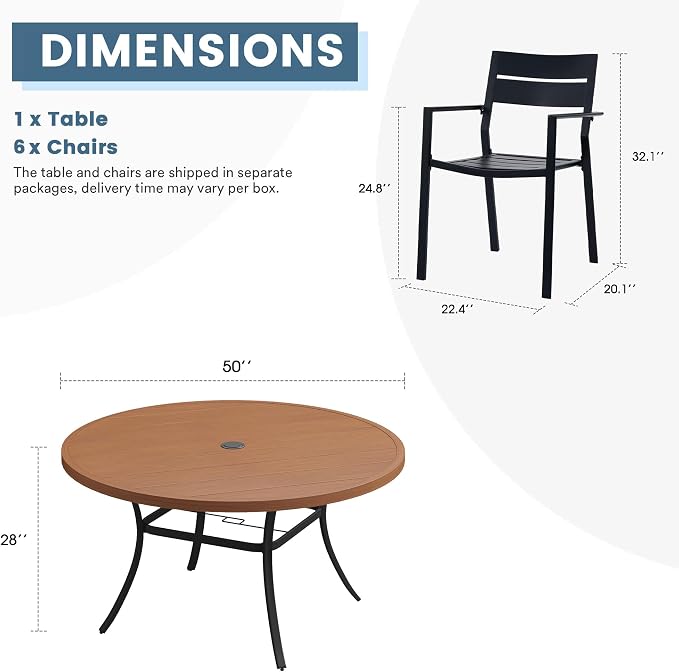 DIFY 7 Piece Outdoor Patio Dining Set for 6, Patio Table and Chairs Set with Umbrella Hole, 50" Round Dining Table and Stackable Metal Chairs for Backyard Garden Poolside, Walnut & Black