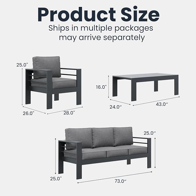 4 Pieces Modern Aluminum Patio Furniture Set, Outdoor Conversation Sets Metal Sectional Sofa with Coffee Table