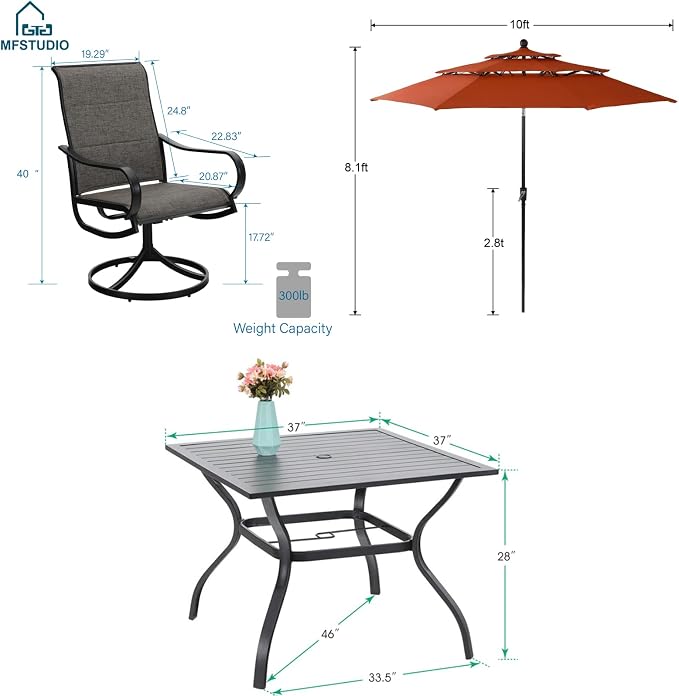 MFSTUDIO Patio Dining Set for 4, Outdoor Furniture Set with Orange Red Umbrella (Base not Included), Square Metal Table and 4 Swivel Chairs for Patio, Deck, Backyard, Garden