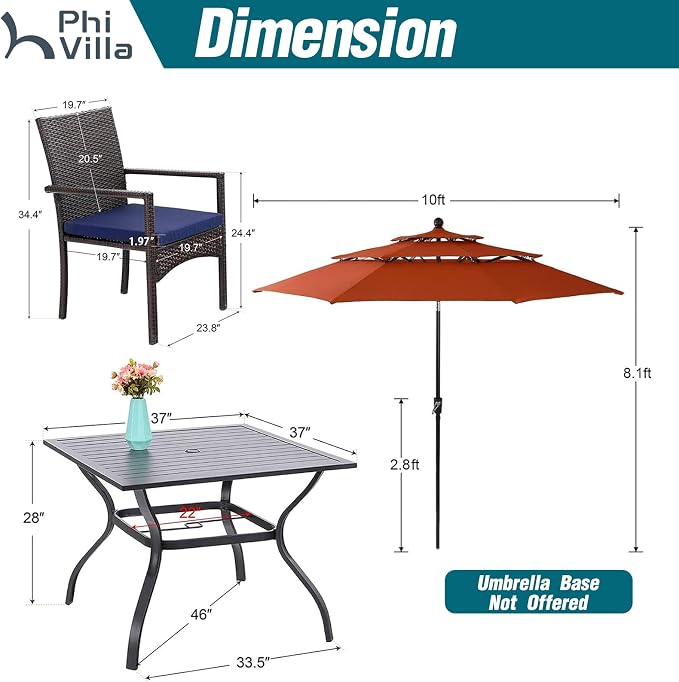 PHI VILLA 5pc Patio Dining Set with Umbrella, Square Table, Rattan Chairs | Includes 37" square metal table, 4 cushioned rattan chairs, and 10ft red umbrella. Perfect for patio, deck, yard, or porch