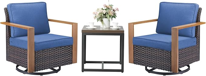Outdoor Swivel Rocker Patio Chairs Set of 3, High Back Swivel Patio Chairs with Side Table & Metal Arm, Wicker Outdoor Bistro Set for Porch, Yard, Deck, Poolside, Blue
