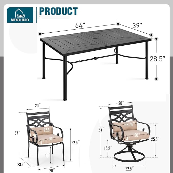 MFSTUDIO 7-Piece Patio Dining Set, 64" Metal Table, Swivel Chairs | Mixed Swivel and Fixed Chairs, Umbrella Hole, All-Weather Use