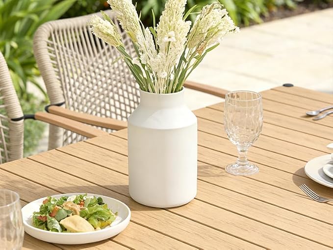 SUNSITT 9 Piece Outdoor Patio Dining Set, Patio Dining Furniture Set with 82.6” Metal Dining Table w/WPC Tabletop and 6 Woven Rope Patio Chairs w/WPC Armrests for Garden, Beige