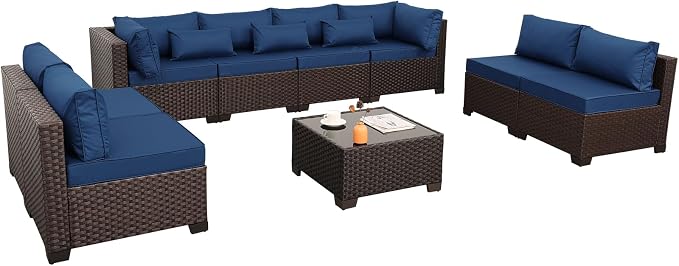 Rattaner 9 Pieces Outdoor Sectional All-Weather HDPE Brown Wicker Patio Furniture Set Patio Sectional and Glass Patio Table Non-Slip Cushions and Waterproof Covers, Navy Blue