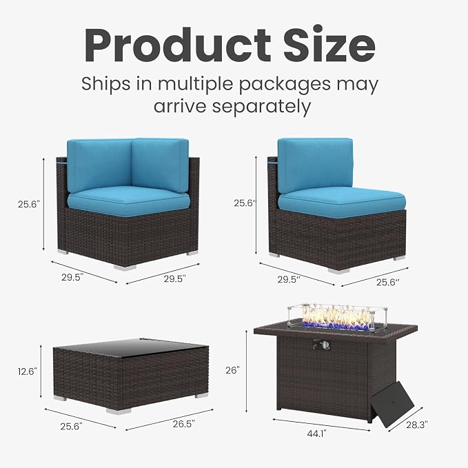 8 Pieces Patio Furniture Set with 44" Propane Gas Fire Pit Table, Outdoor Sectional Wicker Conversation Sofa Sets with Coffee Table
