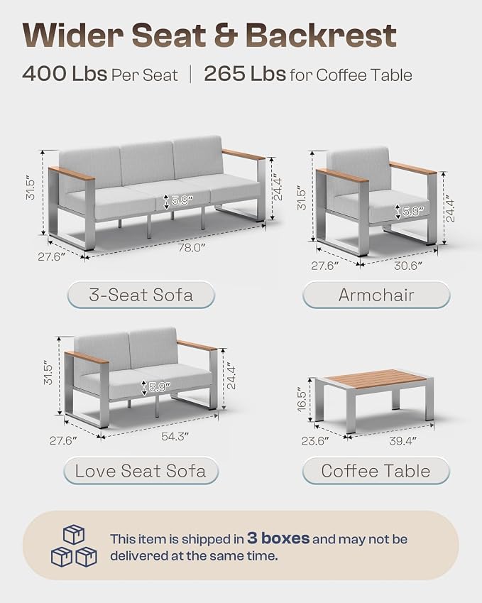Outdoor Furniture Set, 4 Piece Aluminum Patio Furniture Set with Wide Seat and Thick Cushions, Modern Outdoor Patio Conversation Sets for Deck, Porch (Teak-Gray)