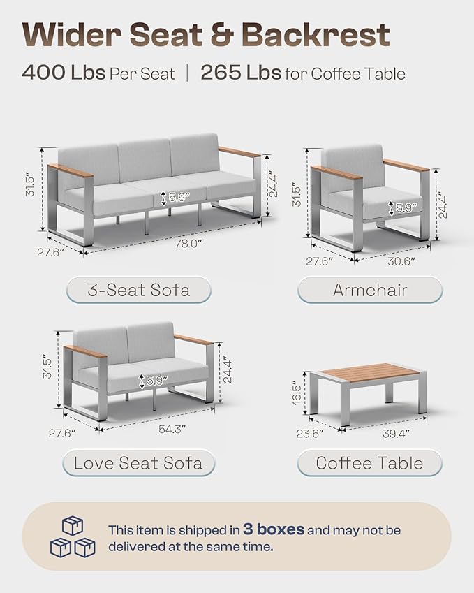 2 Pieces Outdoor Aluminum Armchair, Modern Patio Patio Furniture with Wide Seat and Thick Cushions, All-Weather Oversized Couch for Deck, Porch