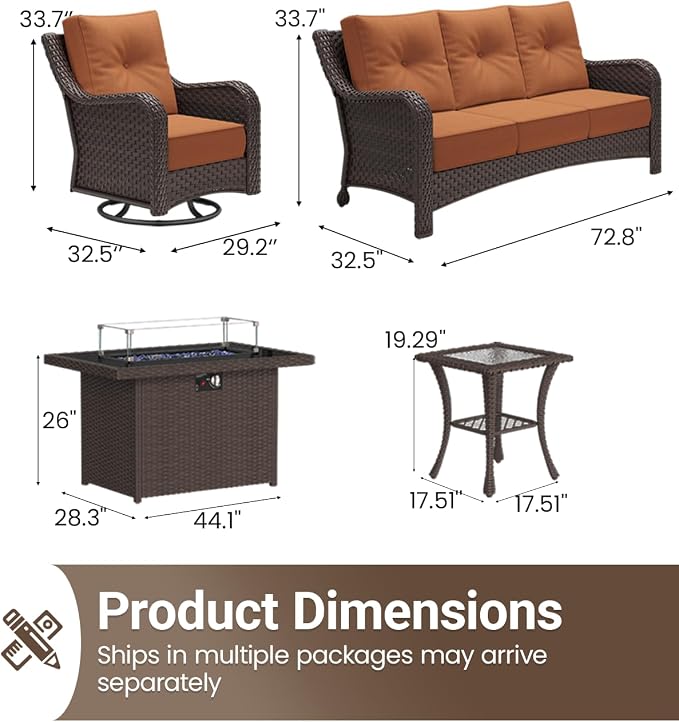 5 Pieces Outdoor Furniture Set with 6-inch Cushions, High Back Wicker Swivel Rocker Chairs with Fire Pit Table, Luxury Conversation Set for Deck Patio and Poolside